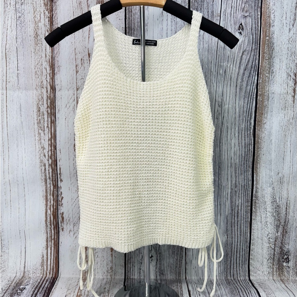 Off-White Ribbed Knit Stretch Sweater Tank Top with Cinching Sides Size Large